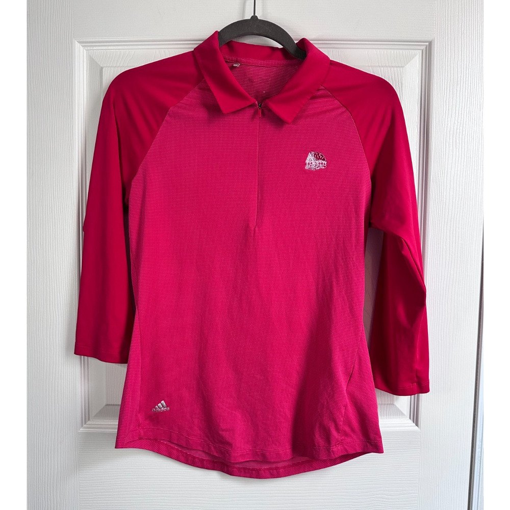 Womens Small Adidas Pink Red 1/2 Zip 3/4 Sleeve Fuzzy Zoeller Golf Course Polo